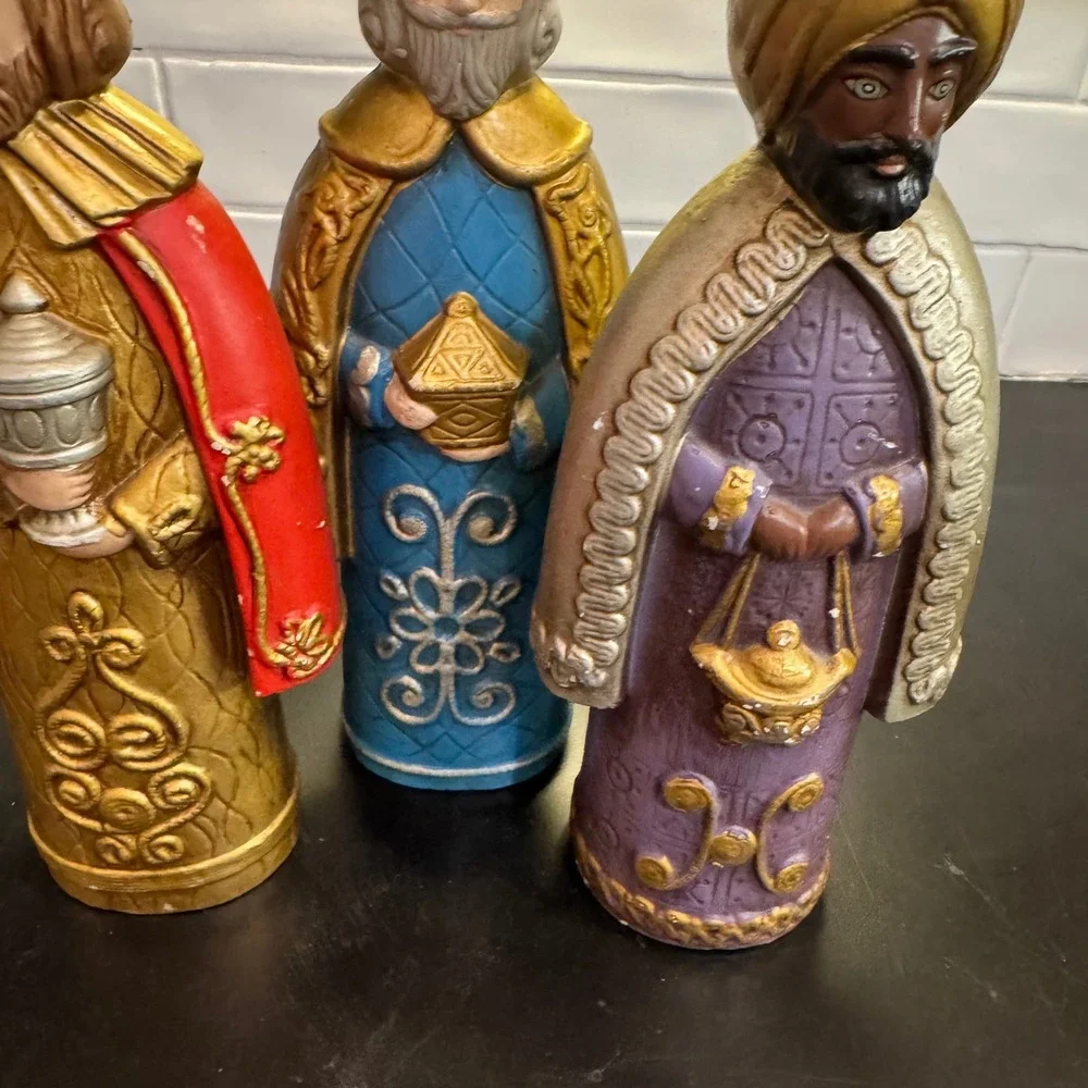 Three Wise Men Candle Holder Set Multicolor Painted Magi Decor Christmas